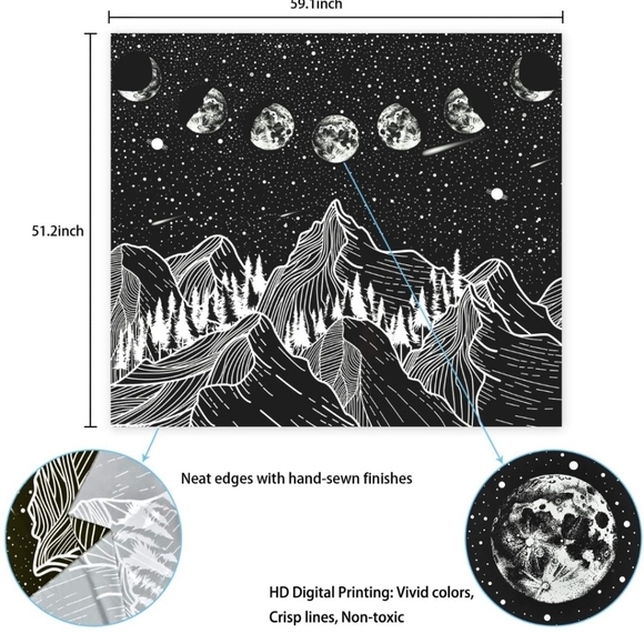 Tapestry Moon Phase Mountain Black and White Fabric Wall Hanging Art Decor - Picture 4 of 4